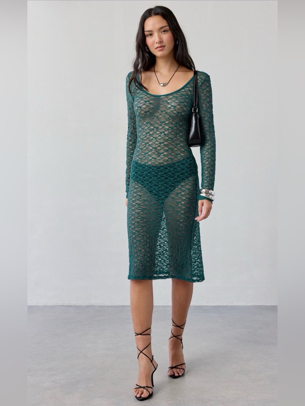 ReMADE By UO Remnants Sheer Lace Long Sleeve Midi Dress NWT